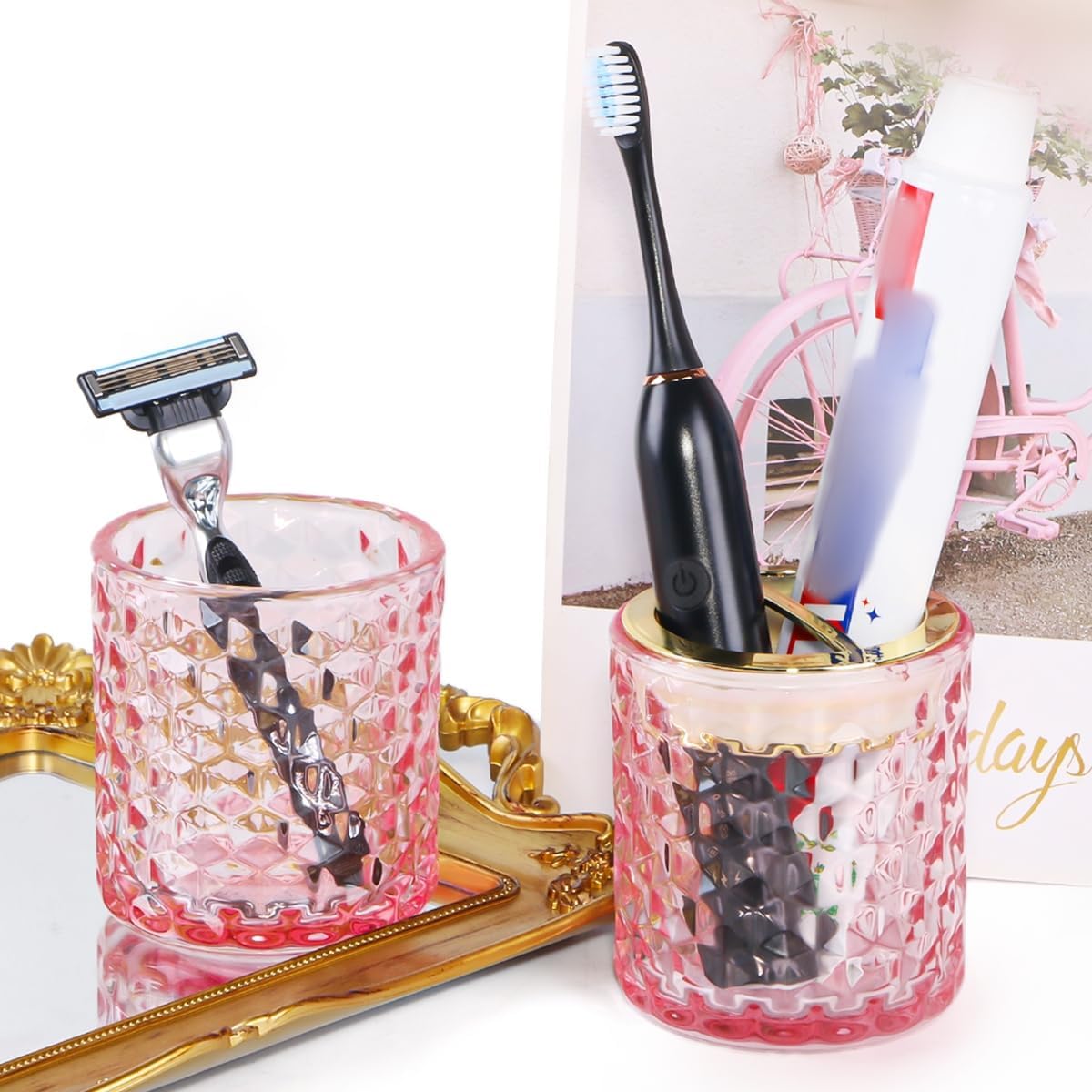 2pcs Pink Toothbrush Holders for Bathrooms, Glass Toothbrush Holder and Bathroom Tumbler Cup Set, Gold Bathroom Tooth Brush Cup Organizer for Brushes,Toothpaste and Razor